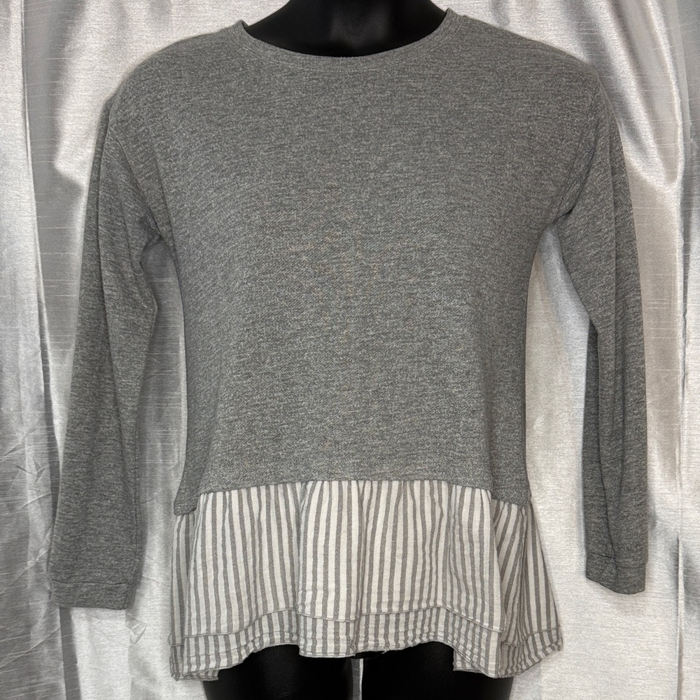 Ellison Gray Knit Top with Striped Hem